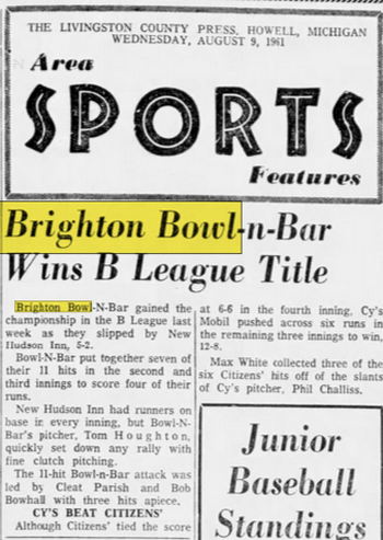 Brighton Bowl (Brighton Bowl-n-Bar) - Aug 9 1961 Article (newer photo)